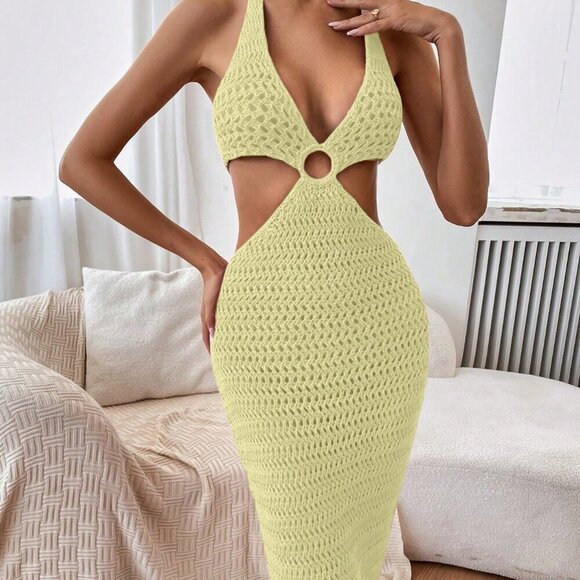 Yellow Sexy Women's Vacation Side Cutout Halter Lace-Up Knitted Dress - Picture 6 of 8